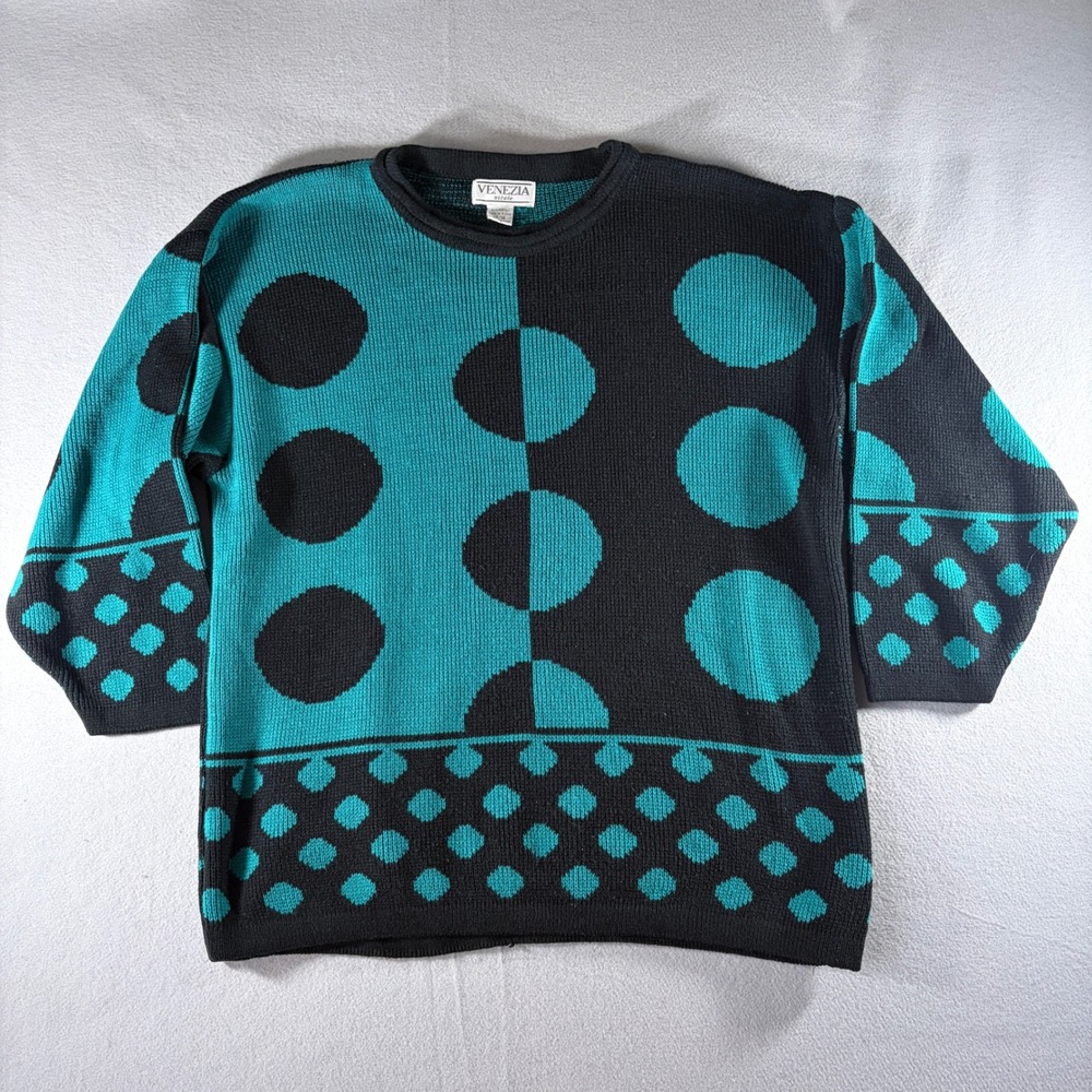 Venezia Vitale Vintage 90s Teal Black Polka Dot Geometric Knit Sweater 14/16